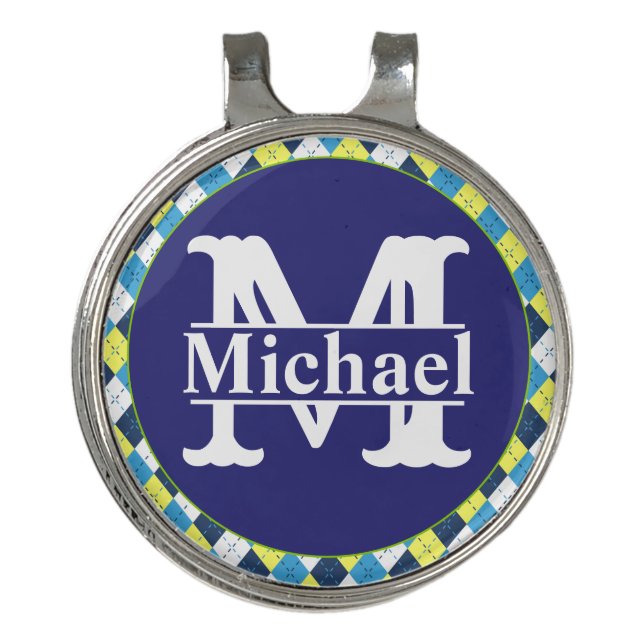 Preppy Blue Raspberry Lemon Argyle Monogrammed Golf Hat Clip (Front)