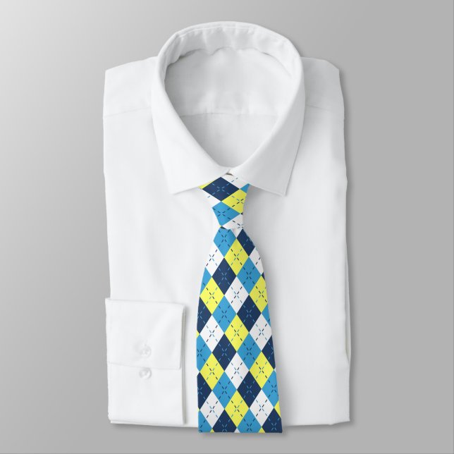Preppy Blue Raspberry Lemon Yellow Argyle  Neck Tie (Tied)