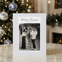 Preppy Blue Stripe Budget Christmas Holiday Photo