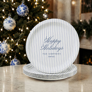 Preppy Blue Stripe Christmas Holiday Paper Plates