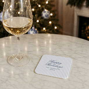Preppy Blue Stripe Christmas Holiday Square Paper Coaster