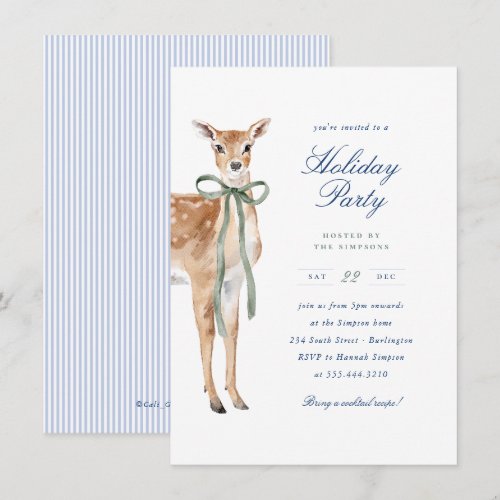 Preppy Blue Stripe Deer Holiday Christmas Party Invitation