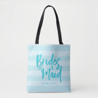 Preppy Blue Stripes Brush Script Bridesmaid Tote Bag