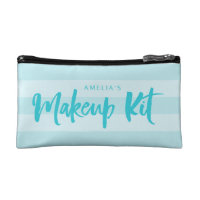 Preppy Blue Stripes Brush Script Makeup Bag