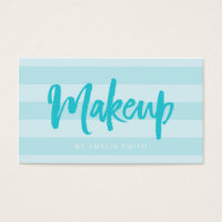 Preppy Blue Stripes Brush Script Makeup Business Card