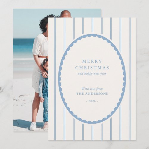 Preppy Blue Stripes Family Photo Christmas Holiday Card