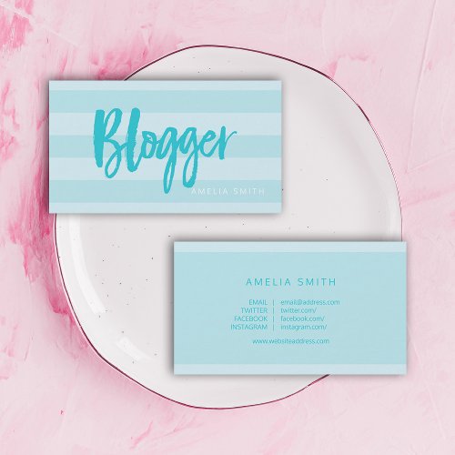 Preppy Blue Stripes Script Blogger Social Media Business Card