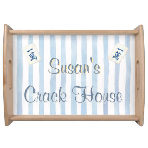 Preppy Blue Stripes Toile Peacock Custom Mahjong Serving Tray
