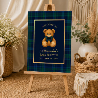 Preppy Blue Tartan Teddy Bear Baby Shower Welcome Foam Board