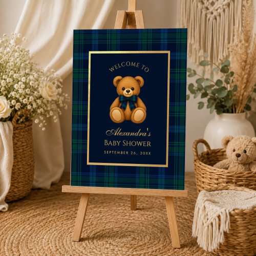 Preppy Blue Tartan Teddy Bear Baby Shower Welcome Foam Board