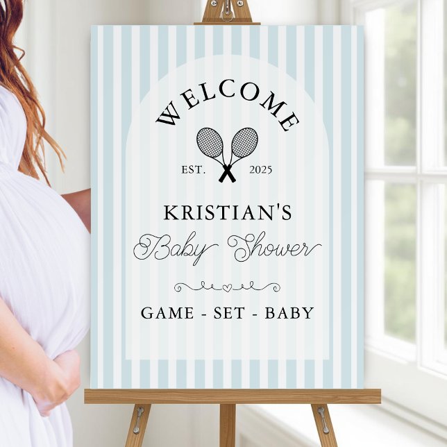Preppy Blue Tennis Baby Shower Welcome Sign (elegant blue and white striped tennis theme baby shower welcome sign with arch displayed on easel)
