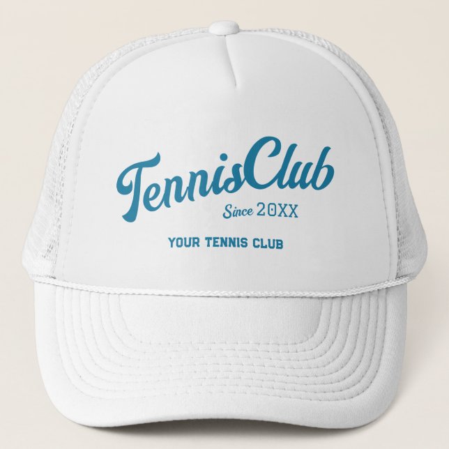 Preppy Blue Tennis Club Custom Crest Party Trucker Hat (Front)