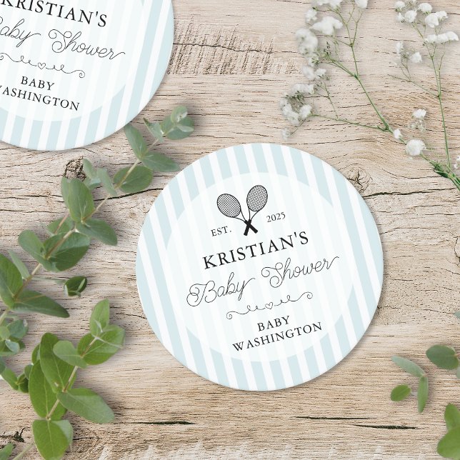 Preppy Blue Tennis Country Club Baby Shower Round Paper Coaster (elegant blue and white stripes tennis theme baby shower paper coasters for guest favors decorations)