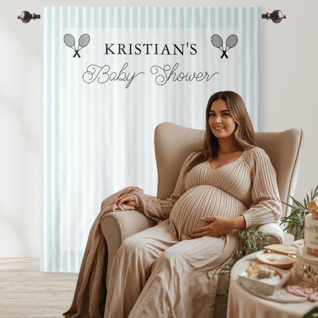 Preppy Blue Tennis Theme Baby Shower Backdrop (blue and white strip tennis theme baby shower photo backdrop tapestry decor)