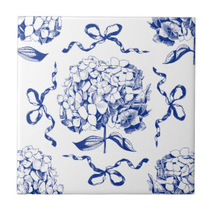 Preppy Blue Toile Hydrangea Bow Seamless Pattern Ceramic Tile