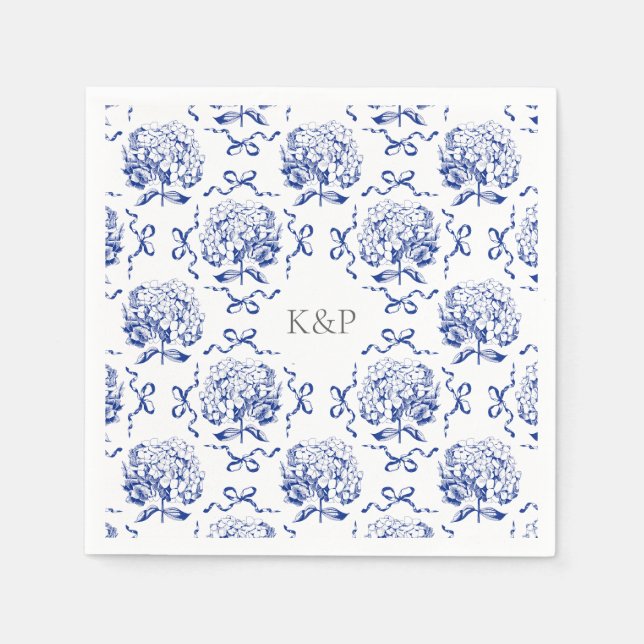 Preppy Blue Toile Hydrangea Bow with Name Napkins (Front)