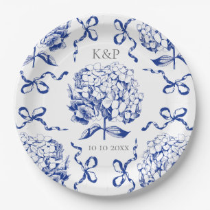 Preppy Blue Toile Hydrangea Bow with Name Paper Plates