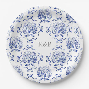 Preppy Blue Toile Hydrangea Bow with Name Paper Plates