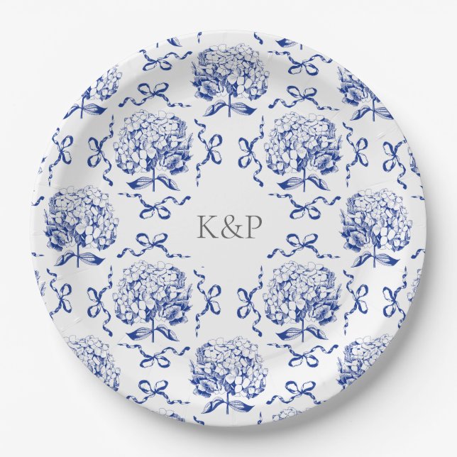 Preppy Blue Toile Hydrangea Bow with Name Paper Plates (Front)