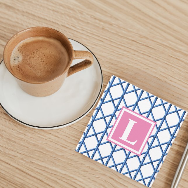 Preppy Blue Trellis Bamboo Monogram / Custom Note Card (Creator Uploaded)