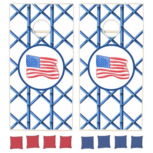 Preppy Blue Trellis Bamboo Pattern American Flag Cornhole Set