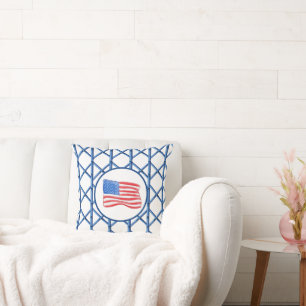 Preppy Blue Trellis Bamboo Pattern American Flag Throw Pillow