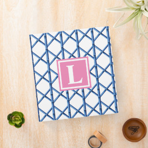 Preppy Blue Trellis Bamboo Pattern Monogram 3 Ring Binder