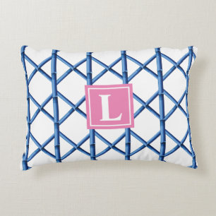 Preppy Blue Trellis Bamboo Pattern Monogram Accent Pillow