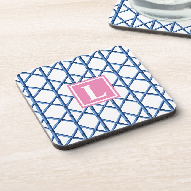 Preppy Blue Trellis Bamboo Pattern Monogram Beverage Coaster (Left Side)