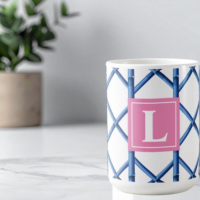 Preppy Blue Trellis Bamboo Pattern Monogram Coffee Mug (Creator Uploaded)