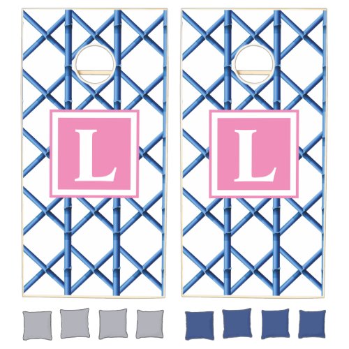 Preppy Blue Trellis Bamboo Pattern Monogram Cornhole Set