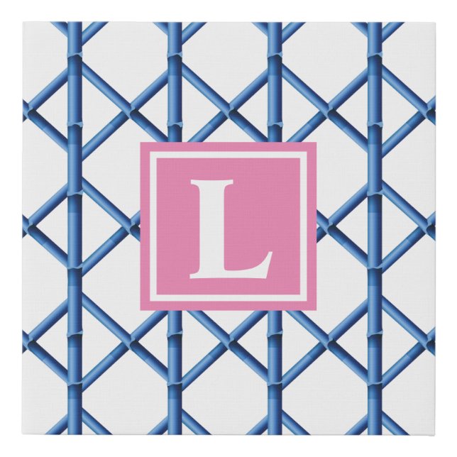 Preppy Blue Trellis Bamboo Pattern Monogram Faux Canvas Print (Front)