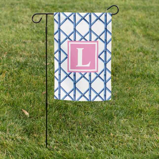 Preppy blue Trellis Bamboo Pattern Monogram Garden Flag (In SItu)