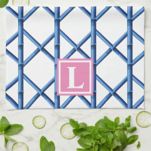 Preppy Blue Trellis Bamboo Pattern Monogram Kitchen Towel