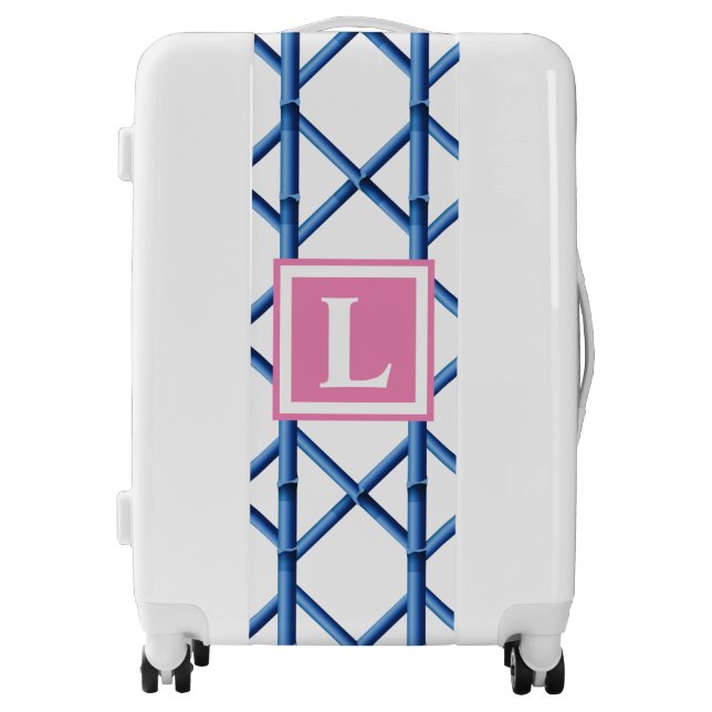 Preppy Blue Trellis Bamboo Pattern Monogram Luggage (Front)