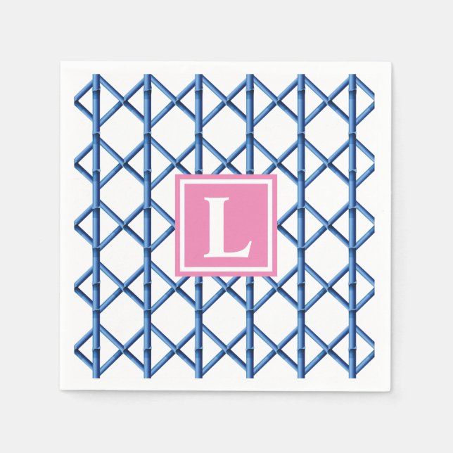 Preppy Blue Trellis Bamboo Pattern Monogram Napkins (Front)