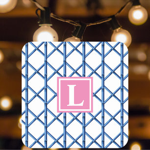Preppy Blue Trellis Bamboo Pattern Monogram Party Square Paper Coaster
