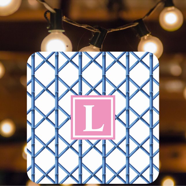 Preppy Blue Trellis Bamboo Pattern Monogram Party Square Paper Coaster (Creator Uploaded)