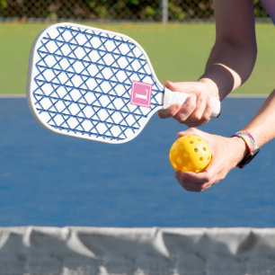 Preppy Blue Trellis Bamboo Pattern Monogram Pickleball Paddle