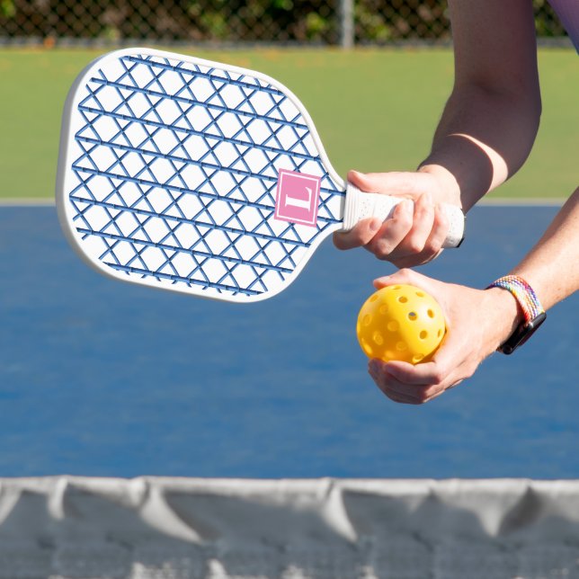 Preppy Blue Trellis Bamboo Pattern Monogram Pickleball Paddle (Insitu)
