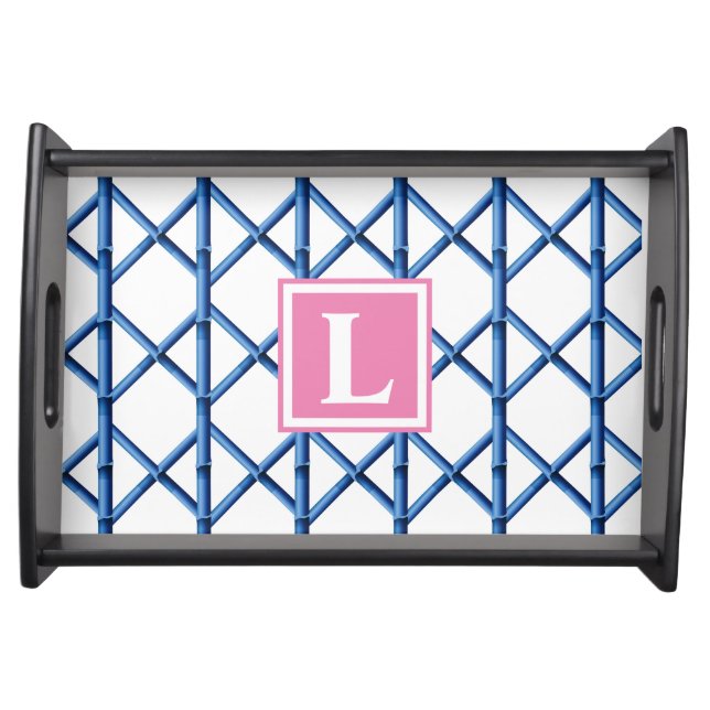 Preppy Blue Trellis Bamboo Pattern Monogram Serving Tray (Front)
