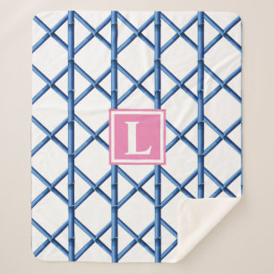 Preppy Blue Trellis Bamboo Pattern Monogram Sherpa Blanket