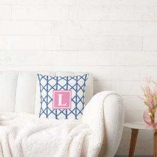 Preppy Blue Trellis Bamboo Pattern Monogram Throw Pillow