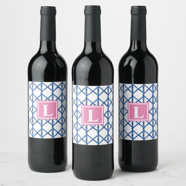 Preppy Blue Trellis Bamboo Pattern Monogram Wine Label (Bottles)