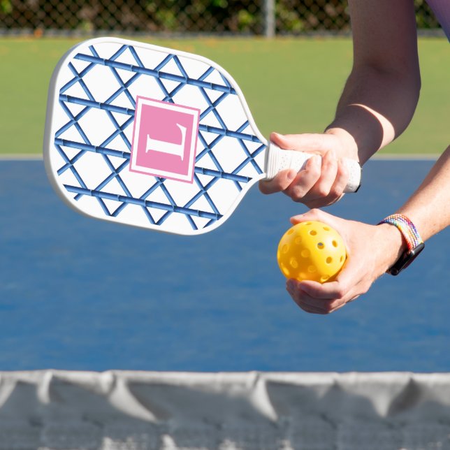 Preppy Blue Trellis Bamboo Pattern With Monogram Pickleball Paddle (Insitu)