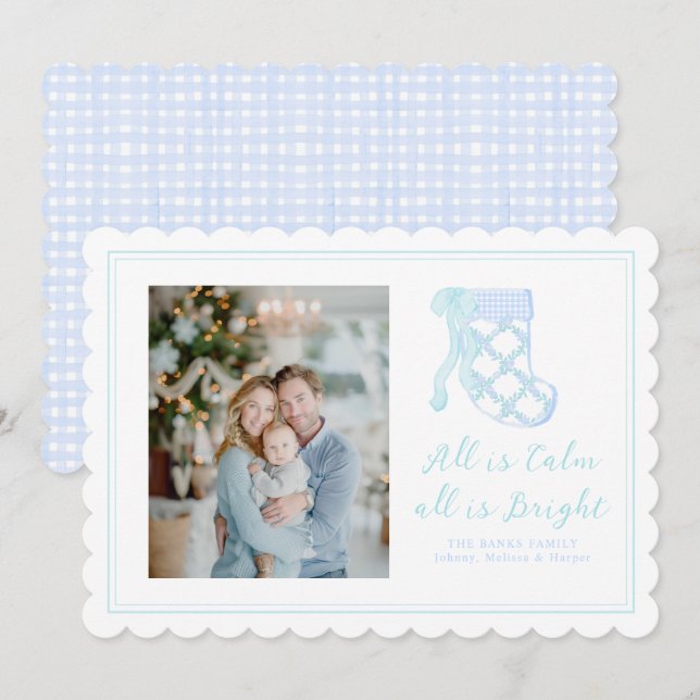Preppy Blue Watercolor Bows Stockings Holiday Card (Front/Back)