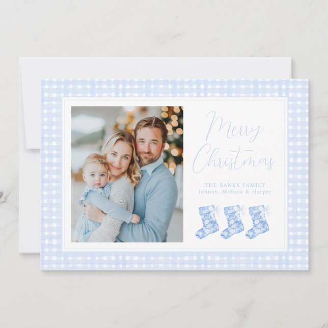 Preppy Blue Watercolor Chinoiserie Stockings Holiday Card (Front)