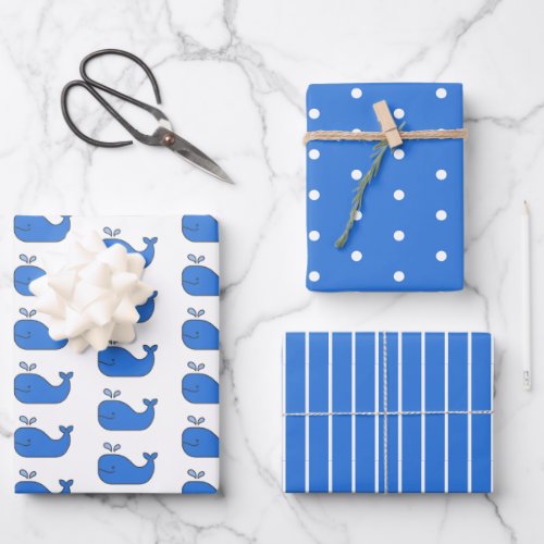 Preppy Blue Whales Polka Dots and Stripes Wrapping Paper Sheets