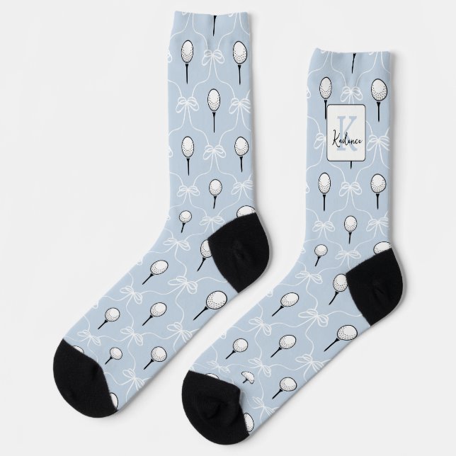 Preppy Blue White Bow Golf Pattern Monogram  Socks (Left)