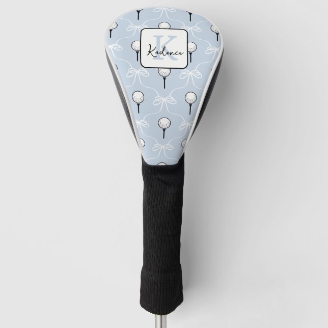 Preppy Blue White Bow Pattern Monogram  Golf Head Cover (Front)